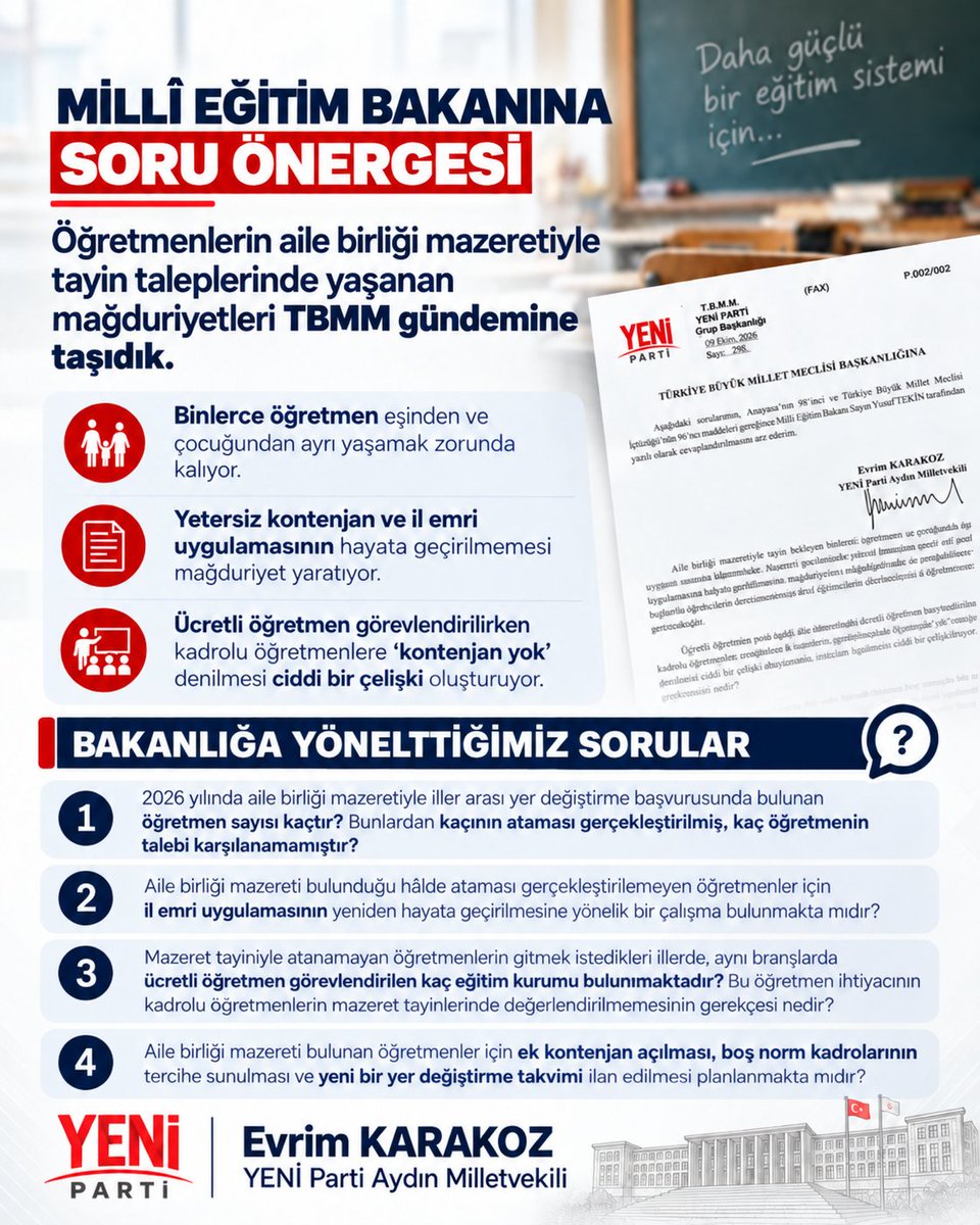 EvrimKarakoz's tweet photo. Aile birliği mazeretiyle tayin bekleyen öğretmenlerimizin yaşadığı mağduriyetleri TBMM gündemine taşıdık.

Millî Eğitim Bakanı'nın yanıtlaması istemiyle yazılı soru önergesi verdik.

Öğretmenlerimizin ailelerine kavuşması ve yaşanan mağduriyetlerin giderilmesi için sürecin takipçisi olacağız.

#MazeretVARçözümYOK #İlEmri
@tcmeb