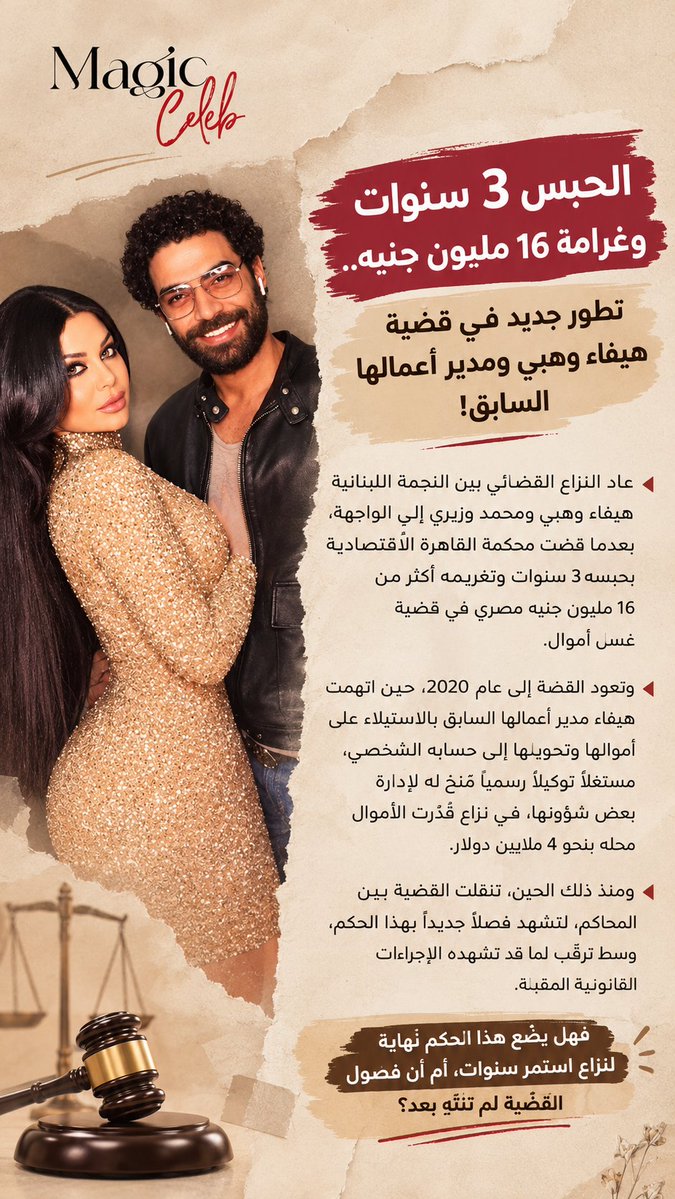 magic_celeb's tweet photo. 🚨 الحبس 3 سنوات وغرامة 16 مليون جنيه.. تطور جديد في قضية هيفاء وهبي ومدير أعمالها السابق!
#هيفاء_وهبي #محمد_وزيري #قضية_هيفاء_وهبي #أخبار_المشاهير #أخبار_الفن #MagicCeleb #نجوم_العرب #غسل_الأموال #أخبار_الترند #مشاهير_لبنان https://t.co/0IVAAB23II