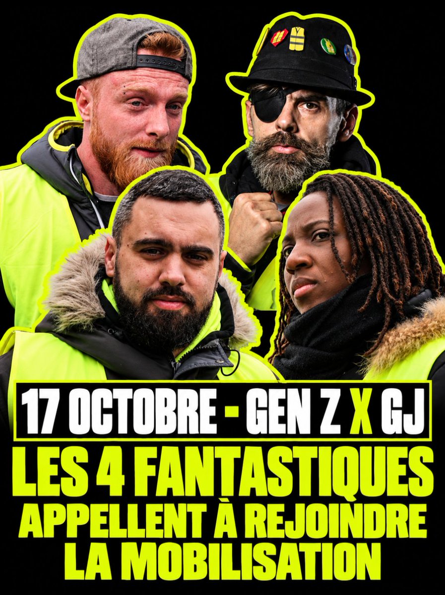 CerveauxNon's tweet photo. Le fond de l'air est jaune.

Les quatre figures des Gilets Jaunes ont appelé à rejoindre la mobilisation du 17 octobre lancée par la Gen Z. C'est la première fois depuis 2019 que ces quatre avengers de la révolte appellent tous à participer à un mouvement. https://t.co/7ELgijKHL2