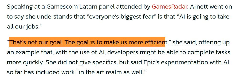 AetherShatter's tweet photo. @PaulTassi Yeah, but you also had people at Epic, like Stephanie Arnett, saying in a GameSpot interview last May, “That’s not our goal. The goal is to make us more efficient.” https://t.co/0DhmlbGFJM