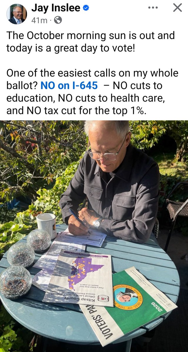 1BethDutton's tweet photo. You know if former Governor Jay Inslee says to vote no on I-645, that means anyone with a brain should vote yes.

I-645 repeals the 9.9% tax on income over $1 million and blocks future income taxes.

He wants to keep it.

Ballots go out Friday. What’s your plan? https://t.co/cUuZVw4wiI