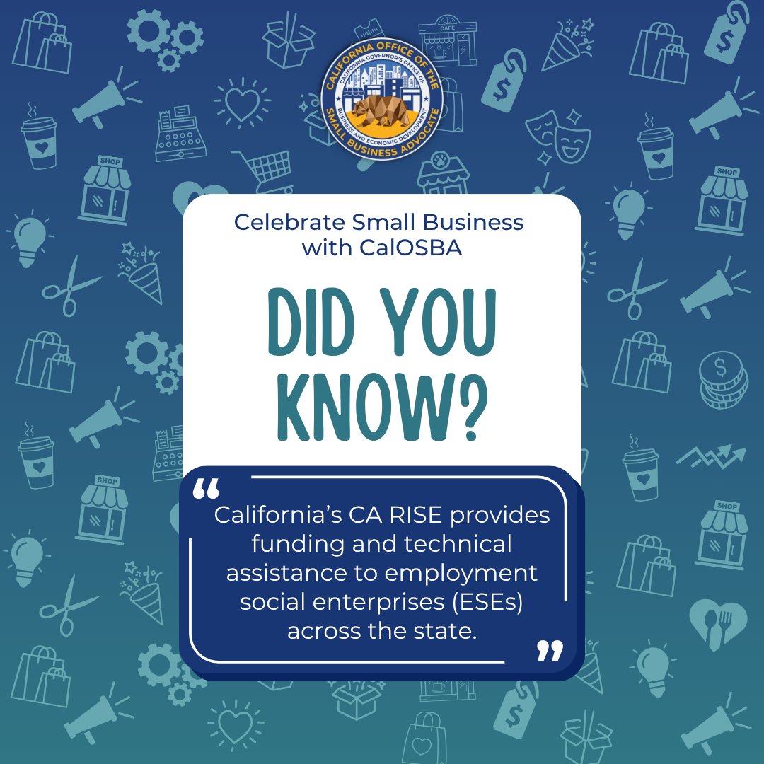CaliforniaOSBA's tweet photo. 💡 #CASmallBizFact: CA RISE provides funding and technical assistance to employment social enterprises (ESEs) across California, helping expand resources and strengthen community impact. 🤝🌱

#CalOSBA #CAForSmallBiz #SocialEnterprise https://t.co/RNbirZRVxL