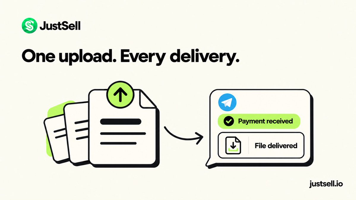 justsellio's tweet photo. Upload once. Deliver automatically.

JustSell sends your digital files to buyers in Telegram after payment.

Add your first download at https://t.co/VzL0Ngdof1. https://t.co/5uH3ozL23r