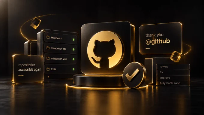 A premium black-and-gold 3D illustration celebrating MineBench’s restored GitHub access, with the GitHub logo at the center, MineBench repository cards on the left, and a “thank you, @github” panel on the right.
