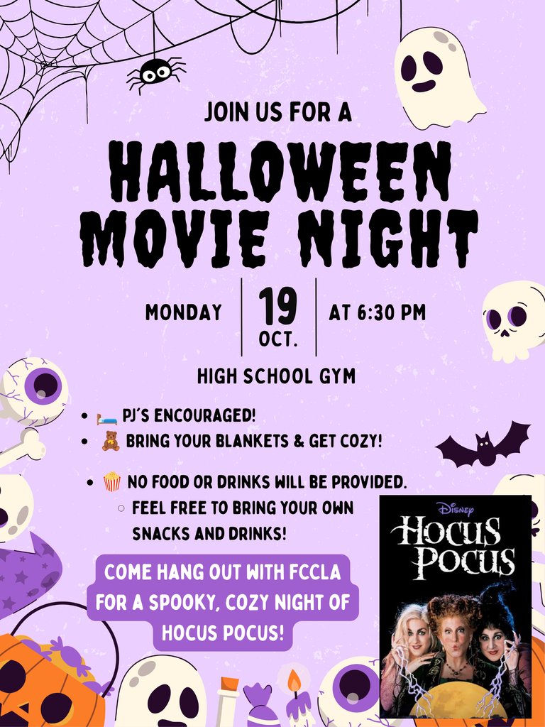 SchoolSutton's tweet photo. Get ready for a spooky, cozy night with FCCLA! 🧙‍♀️💜 Join us for a showing of *Hocus Pocus* on **Monday, October 19, at 6:30 PM in the High School Gym!

Bring your friends, get comfy, and enjoy a little Halloween magic with FCCLA! 🕸️✨ We can’t wait to see you there! https://t.co/spY6rxNq0k