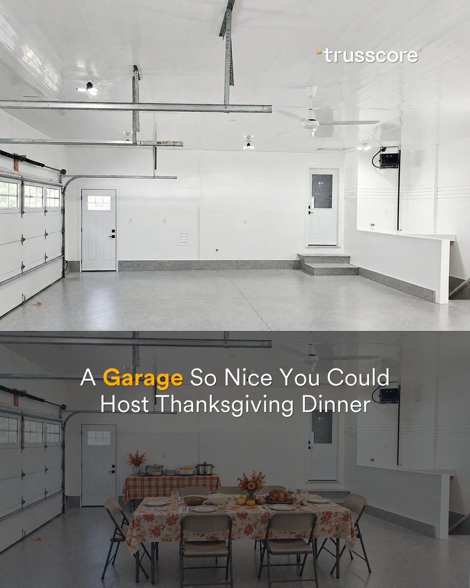 trusscore's tweet photo. Happy Canadian Thanksgiving! A Trusscore finished garage is bright and clean enough to host dinner, or at least seat the overflow guests. See garage solutions: https://t.co/tXjuEcAZag https://t.co/LvvX1jLBJm