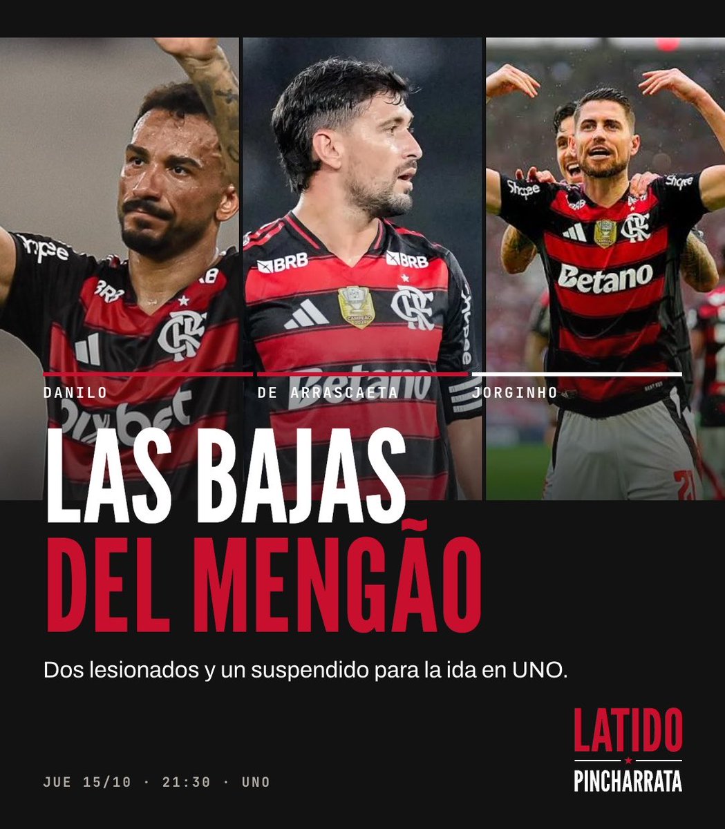 juampi_aleman's tweet photo. #EDLP #Flamengo sumó la lesión de Danilo en el partido de ayer ante Fluminense.  De cara a las semifinales ante ESTUDIANTES se suman:

🤕 Danilo (Lesión): El defensor sufrió una doble fractura de mandíbula y fue operado. Queda fuera de las canchas por más de un mes. NO JUEGA la ida ni la vuelta.

🤕 De Arrascaeta (Lesión): El talentoso uruguayo arrastra una fractura de muñeca (operado el 1/10) que lo tendrá de baja entre 6 y 8 semanas. Una de sus figuras más importantes que NO JUEGA la ida ni la vuelta.

🚫 Jorginho (Suspensión): Vio la doble amarilla en los cuartos de final y debe cumplir una fecha de sanción. NO JUEGA en UNO, pero sí estará disponible para la revancha en el Maracaná.