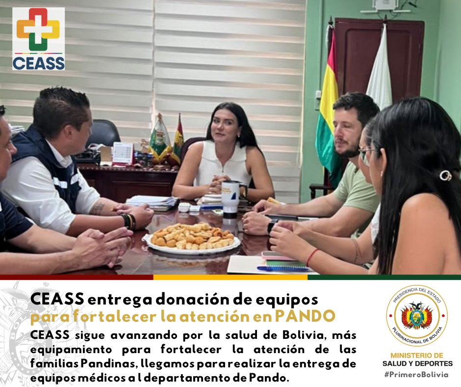 CeassBolivia's tweet photo. En PANDO, la CEASS, bajo la conducción de su 𝘿.𝙂.𝙀. 𝙇𝙞𝙘. 𝘿𝙖𝙧𝙞́𝙤 𝙍𝙤𝙟𝙖𝙨, sostuvo una importante reunión de coordinación con la Gobernadora de 𝙋𝙖𝙣𝙙𝙤, Gabriela De Paiva Padilla, reafirmando la voluntad de articular esfuerzos en beneficio de la población Pando. https://t.co/t0bSqnYKyR