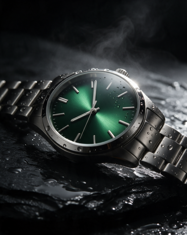 zencreator_io's tweet photo. How to prompt a luxury watch shot in ZenCreator ⌚

Subject → steel watch, green sunburst dial
Surface → wet black slate, droplets
Light → one hard light, upper right, raking the dial
Lens → 100mm macro, shallow depth of field
Mood → mist behind, deep shadows
Model → Seedream 5 Pro

Which line makes the dial glow?