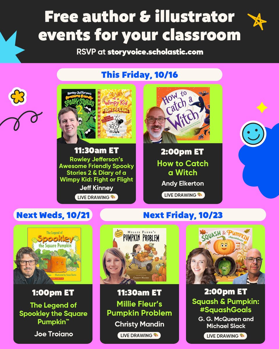 ScholasticEdu's tweet photo. Scary season is in full swing! These upcoming free read-alouds and draw-alongs will send a shiver up your students' spines. 👻 RSVP now: https://t.co/6biOhaLQGa https://t.co/KSBInMEzEL