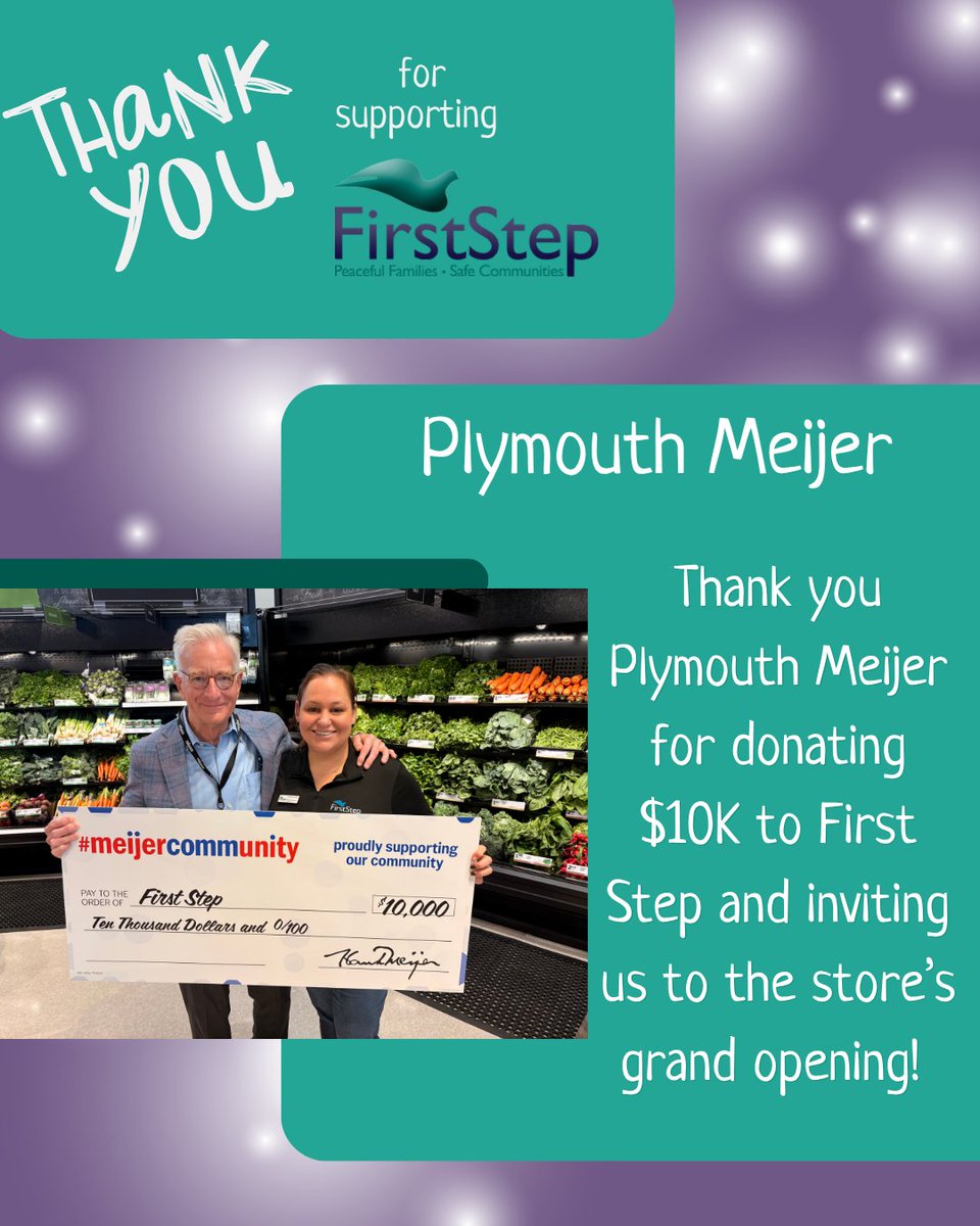 FirstStepPeace1's tweet photo. Thank you Plymouth @meijer for the $10,000 donation to First Step and inviting us to celebrate the store's grand opening! https://t.co/jVsVEjk6fp