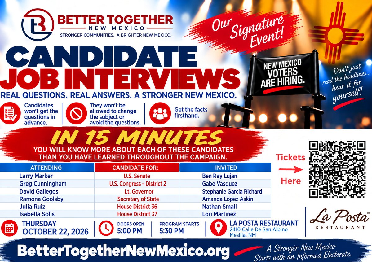 realRGoolsby's tweet photo. New Mexico voters are hiring, and I’m ready for the interview!

Join me on Thursday, October 22, for Better Together New Mexico’s signature Candidate Job Interviews event at La Posta Restaurant in Mesilla.   No advance questions, no talking around the issues. Just straight answers on what I plan to deliver as your next Secretary of State.

In just 15 minutes, you’ll get the unfiltered facts directly from the candidates asking for your vote.

📍 Where: La Posta Restaurant (2410 Calle De San Albino, Mesilla, NM)
⏰ When: Doors open at 5:00 PM | Program begins at 5:30 PM
🎟️ Tickets: Scan the QR code in the flyer or visit https://t.co/Au08p8JQfx

Don't just read the headlines! Come hear it for yourself. I hope to see you there!