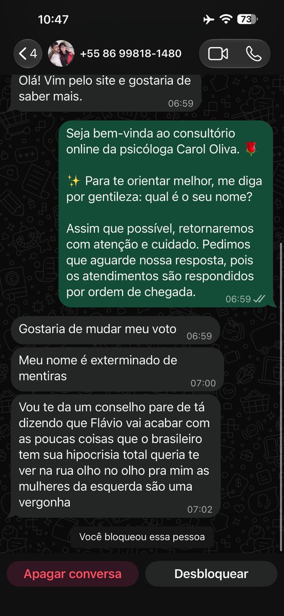 carololivac's tweet photo. A pessoa vai no WhatsApp do meu consultório me ameaçar, deve tá doido pra receber um processo https://t.co/hwGI7pMUr0