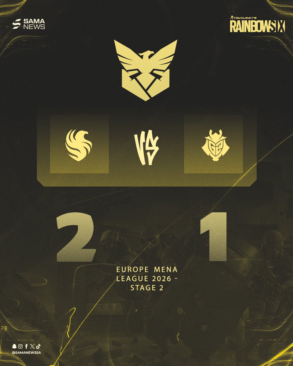 SamaNewsSA's tweet photo. 🕔 نهايـــــة المباراة
انتصر فريق فالكونز @FalconsEsport في مباراتهم ضد فريق @G2esports بنتيجة 2-1 في «نصف نهائي دور الفائزين» للعبة #RainbowSix ضمن بطولة #EML2026
- فالكونز يتأهل للنهائي وسيلعب غدًا الساعة 10 مساءً https://t.co/GWwx6iy7Ca