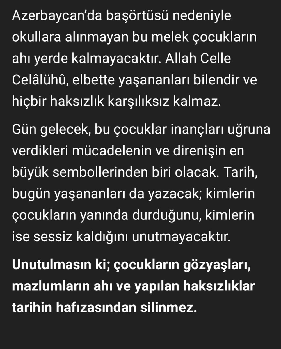 cepni1989's tweet photo. Unutulmasın ki; çocukların gözyaşları, mazlumların ahı ve yapılan haksızlıklar tarihin hafızasından silinmez.
#Azerbaycan #Hijab #Hicab #Başörtüsü #Başörtülü #İslam #EğitimHaktır #Təhsil #Azerbaijan #Türkiye https://t.co/xCr7prM2X9