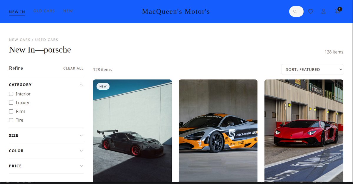 devMacQueen's tweet photo. Day 37/100 #100DaysOfCodes Building MacQueen’s Motor’s, a car store website  Product grid with sidebar filters, sort options, cart badge, and a mega-menu nav for cars and rims. HTML Tailwind Flex. @blockfuselabs  #TailwindCSS https://t.co/dBEM2h56Uy