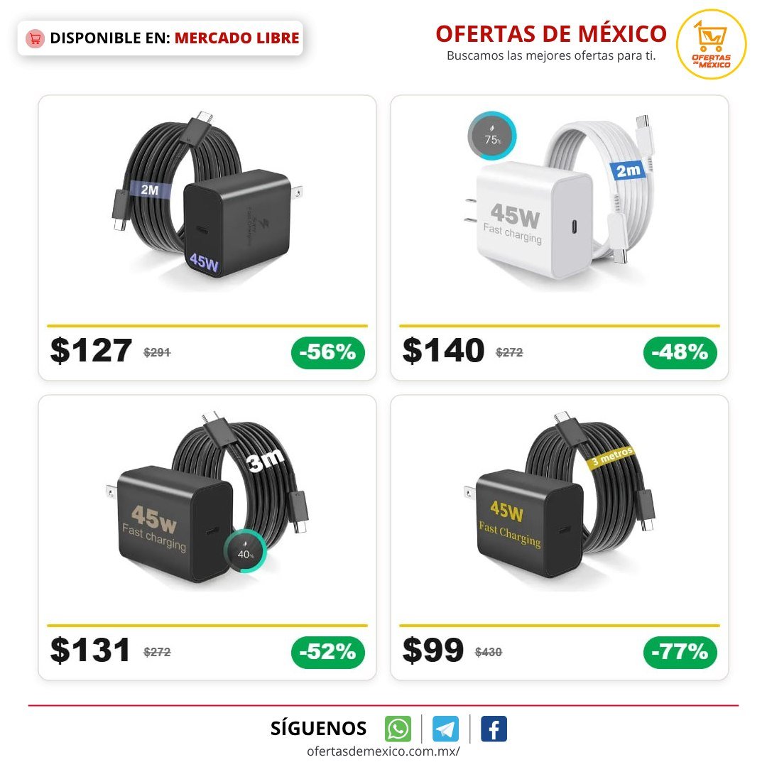 ofertasdemx's tweet photo. 🔥 OFERTAS DE MERCADO LIBRE 🔥

🔥 (-56%) 45w Cargador Para Samsung Súper Rápida Cargador Tipo C 2m
👉🏽 Ver: https://t.co/njvMmKUMXo
🟢 Actual: $127 🔴 Antes: $291

🔥 (-48%) 45w Cargador Para Samsung Cargador Rapida Tipo C Compatible Con Samsung S26 S25 S24 Ultra A57/ A56/ A55/ A54/ A37/ A36/ A35/ A17/ A16 /A07 Carga Rápida Pd 45w Con 2 Metros Cable Blanco Bottorry
👉🏽 Ver: https://t.co/L8HspglHXN
🟢 Actual: $140 🔴 Antes: $272

🔥 (-52%) 45W Cargador Rápido Tipo C Con Cable De 3m Compatible con Samsung S26 Ultra/ S25 Ultra/ S24 Ultra/ S23 Ultra/ S22/ S21/ Note 20/ Note 10/ A57/ A56/ A55/ A37/ A36 /A17 /A07 /A06Negro Bottorry
👉🏽 Ver: https://t.co/WWCpOiIda5
🟢 Actual: $131 🔴 Antes: $272

🔥 (-77%) 45w Cargador Súper Rápido Tipo C Para Samsung S24/25, 3metro
👉🏽 Ver: https://t.co/zKjpo3jZAV
🟢 Actual: $99 🔴 Antes: $430

🛒 No olvides revisar los cupones del día y aprovecharlos en tu carrito.

#ofertaml #mercadolibre #ofertasdemexico