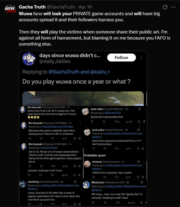 zellenoid's tweet photo. There's a thing in gachatwt where if something happens it's the wuwatwt's fault
For eg:
Throwback to the time when Trepa(acc owner of gachatruth and whiningwaves) himself leaked his own game uid and tried blaming it on Wuwa players to create a drama https://t.co/DEb8OxlUyD