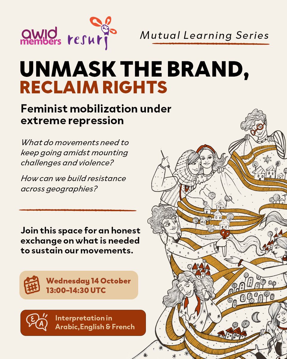 AWID's tweet photo. Trying to find new ways and strategies to resist extreme repression and sustain feminist movements?

Join the final session to reflect and  strategize with feminist activists in the SWANA region and beyond to counter new technologies of authoritarianism and sustain your work. https://t.co/UnmLV8jvkb