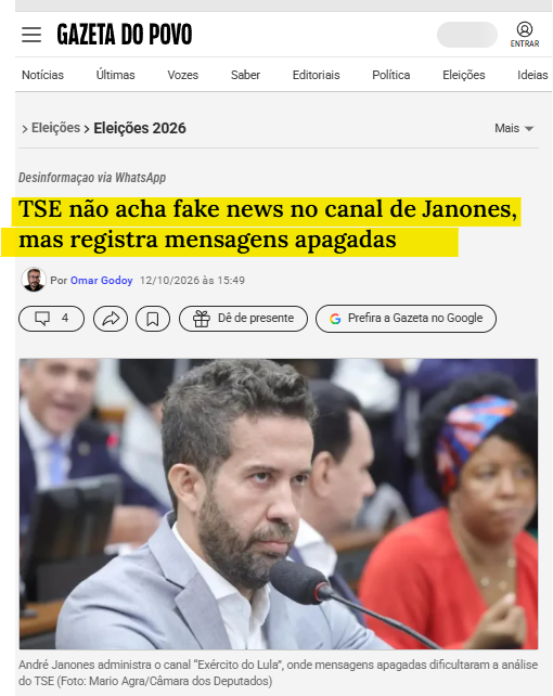 Terra__Brasilis's tweet photo. Janones apagou as fake news antes do TSE verificar.  É assim que eles estão, desesperadamente, tentando virar votos. https://t.co/pBVRsRxh7M