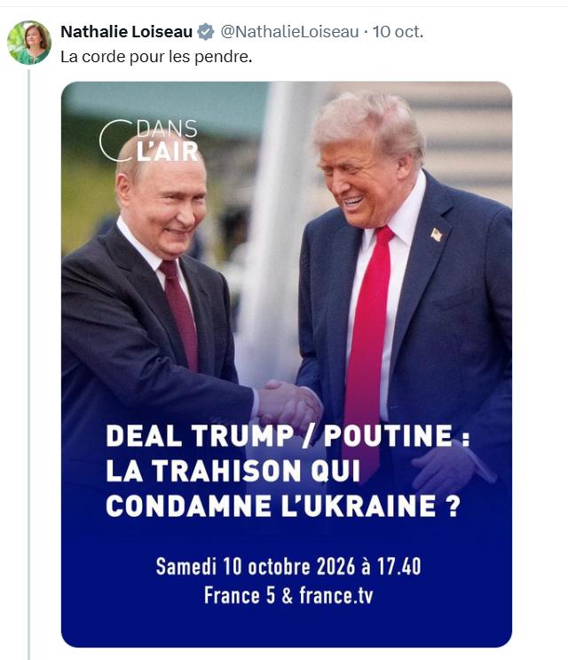 FredGaulois's tweet photo. Coucou @elonmusk 
Cette dame députée européenne @NathalieLoiseau appelle à pendre @DonaldTrump et Poutine.
Ne devriez-vous pas suspendre ce compte pour ses propos d'appel au meutre?
Moi, j'ai été suspendu car FranceTV ne voulait pas que j'utilise leurs images😏 https://t.co/JvEIXSznxN