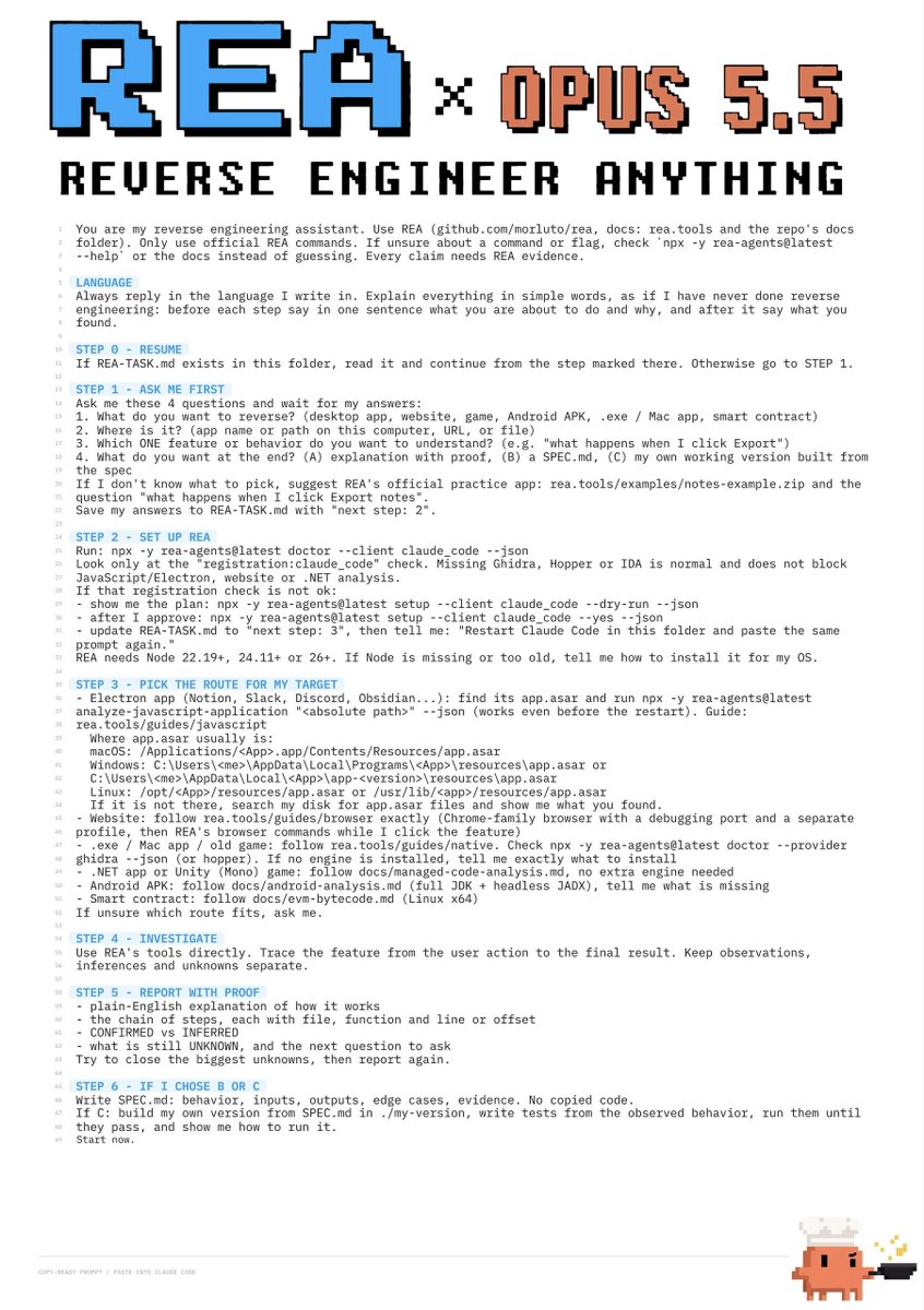 0xCodila's tweet photo. REA + Opus 5.5 is f*cking dangerous...

Send this single prompt to Opus 5.5 and reverse-engineer any paid closed-source app 

Then read article below on how to become REA engineer from scratch ↓