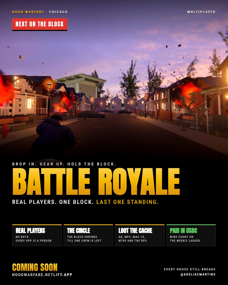 AdeliaCmartins's tweet photo. Next on the block: Multiplayer battle royale.

Real players, no bots. Drop in, loot the cache, the circle closes until one crew is left.

Every house still breaks. Every win still counts on the weekly USDC ladder.

Shipping 🧱

https://t.co/OKjM942Fr7 https://t.co/Cea0xdg32a