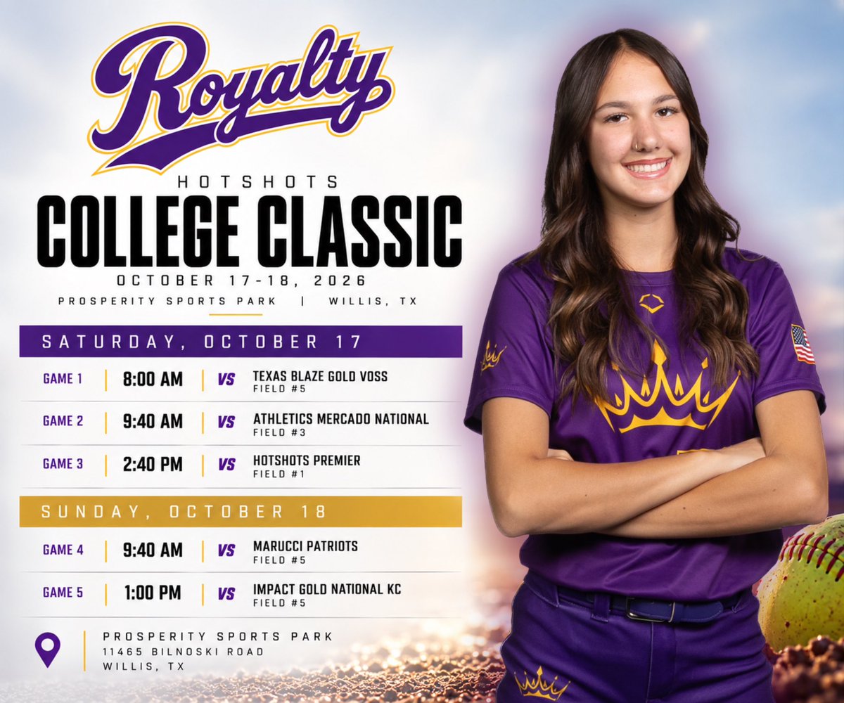 ReaganBennett51's tweet photo. Excited to finally have our schedule for  next weekend's College Classic! Can't wait to get back on the dirt with my girls and show off all the work we've been putting in this offseason! It's GO TIME! 💜💛🥎

#RoyaltyFastpitch #CollegeClassic #SoftballRecruiting  #PlayHardPlayRoyal
@RyltyFP @LDBellSoftball @DfwSho @CoastRecruitsSB @TopPreps @AcesSpotlight @BallGirlSports @SoftballRecruit @IHartFastpitch @LegacyLegendsS1 @Softball_Home @scan1ansports @upnextrecruits @ImpactRetweets @SoftballClips @TOP_D1RECRUITS @SunilSportsNews @gatorjack72 @GoMVB @nxt1sports @SoftballDown @YAthletesF @GMsportsmedia1 @FastpitchAthRec @FactsFastpitch @LineDsoftball @softballamerica @PGFnetwork @thealliancefp @ExtraInningSB @MaxPreps @Txhighschoolsb @shelbiwatson_22 @Gosset41
@UCLASoftball @UNCSoftball @StanfordSball @UNDsoftball @AlabamaSB @UKsoftball @GopherSoftball @OhioStateSB @TexasSoftball @AggieSoftball @OregonSB @ArizonaSoftball  @BrownU_Softball @TXStateSoftball