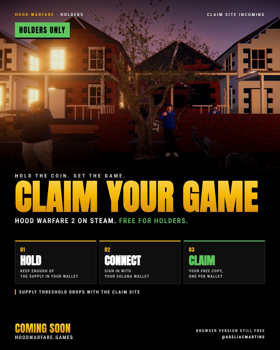 AdeliaCmartins's tweet photo. Holders are about to get a free game 🎮

Hold enough of the supply, connect your wallet, claim a free copy of Hood Warfare 2 on Steam. One per wallet.

Claim site will be updated here soon. The browser version stays free for everyone.

Stay locked

https://t.co/OKjM942Fr7 https://t.co/DjDAOTJVYY