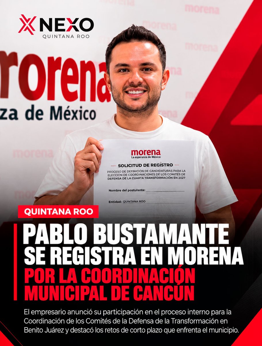 nexoquintanaroo's tweet photo. #Política 🗳️🔥 ¡PABLO BUSTAMANTE SE REGISTRA EN MORENA! 🚨 Buscará la Coordinación Municipal de los Comités de Defensa de la Transformación en Cancún.

https://t.co/4cvccJEvnl

#NEXO #NEXOQuintanaRoo #Morena https://t.co/vihrKBtGGF