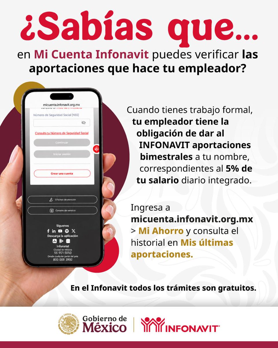Infonavit's tweet photo. ¿Ya revisaste las aportaciones de tu empleador? 🧐

Él debe depositar al INFONAVIT, de forma bimestral, el 5% de tu salario diario integrado.

¡Que no se te pase! Entra a Mi Cuenta Infonavit: https://t.co/zigMfp7s48 y confirma que estos pagos estén al día. https://t.co/mg6fanGd1T