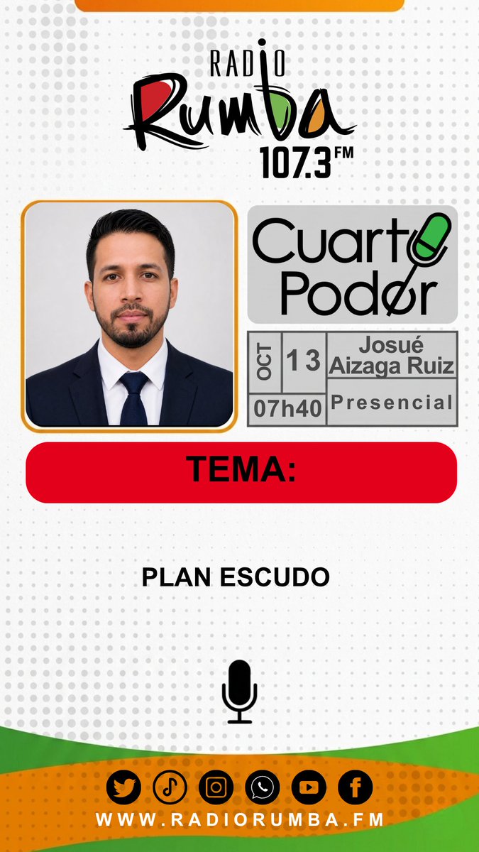 RadioRumbaEc's tweet photo. 🔴Mañana en #CUARTOPODER: Josué Aizaga Ruiz, Subsecretario de Educación, Deporte y Cultura de Zona 8, con el tema: "Plan Escudo"
🕕07h40 | 107.3 FM #RadioRumba
#Educacion #PlanEscudo #Guayaquil #Ecuador https://t.co/WvbZOVJSqB