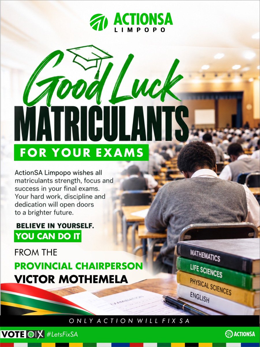 VictorMothemela's tweet photo. Strength, focus, and success to every matriculant tackling final exams.Your discipline is the key to unlocking a brighter future. Believe in yourself,you can do it! ππ https://t.co/d5GVmwHAXG