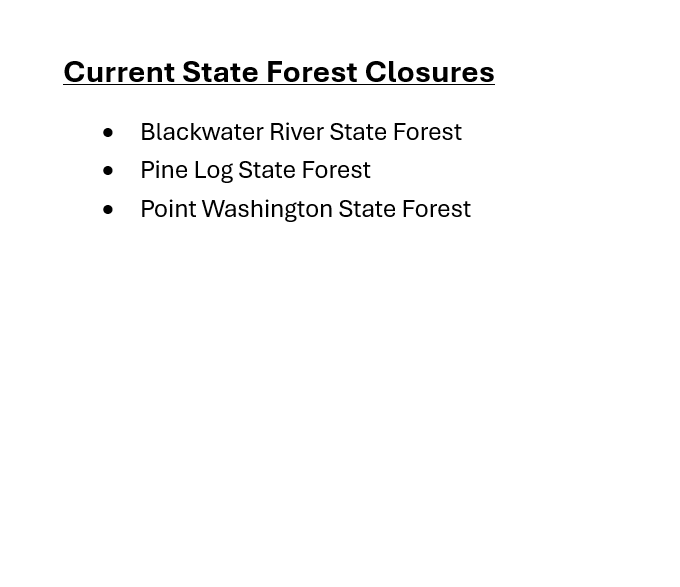 FLForestService's tweet photo. 🚨UPDATE 🚨

Effective Oct. 12, 2026, at 5 p.m., all campgrounds and recreation areas on the following State Forests are closed due to Hurricane Isaias.

Refunds will be issued automatically for reservations. For more, visit https://t.co/Mw4wBysQR7 or call (877) 879-3859. https://t.co/rBqPzMfhFu