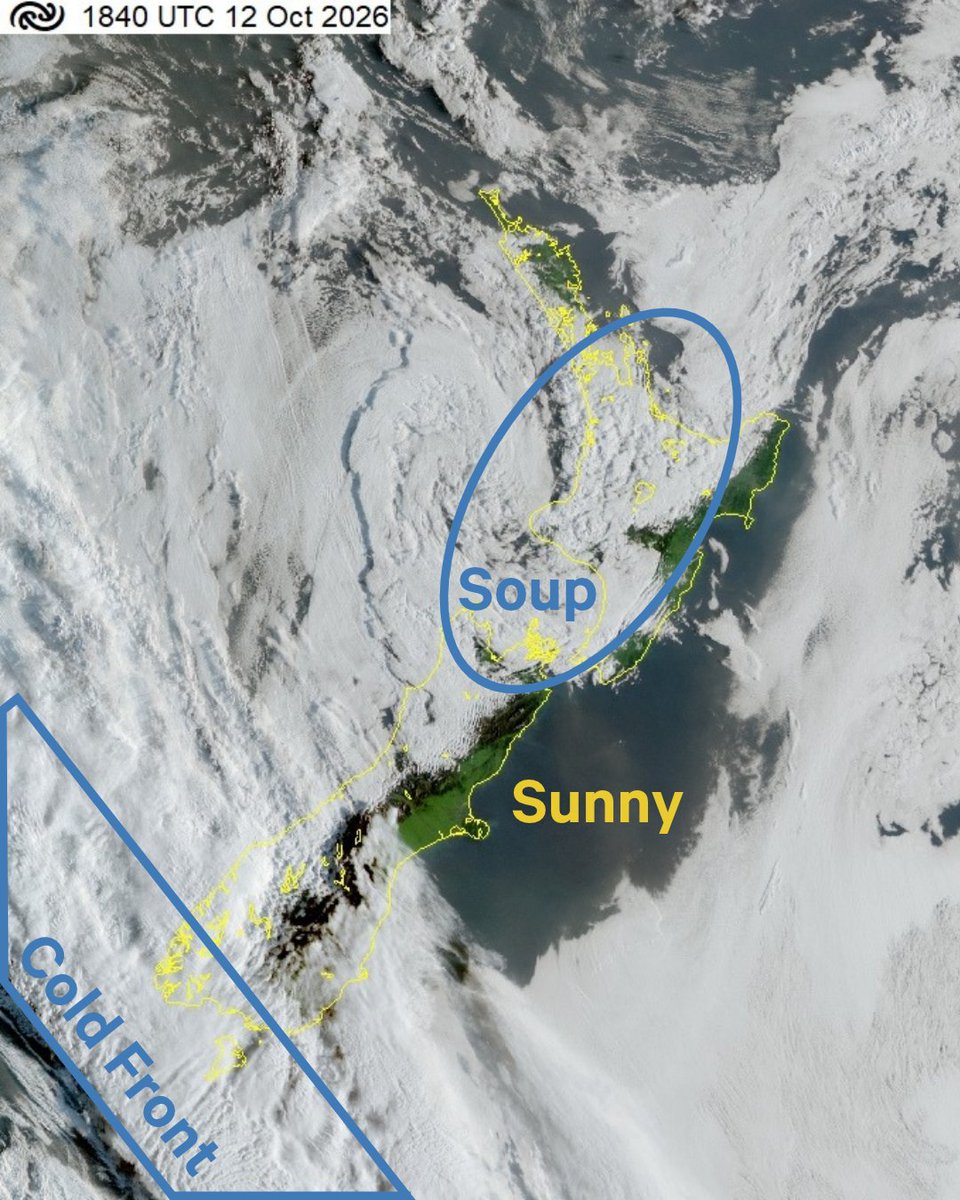 MetService's tweet photo. Welcome to New Soup-land 🍲

The North Island is predominantly in soupy conditions (technical term) for much of today, with the far north and east escaping this murky course 😶‍🌫️

A cold front moves up the South Island today - not before Christchurch hits 27°C in the sunny foern northwesterlies 🌡️