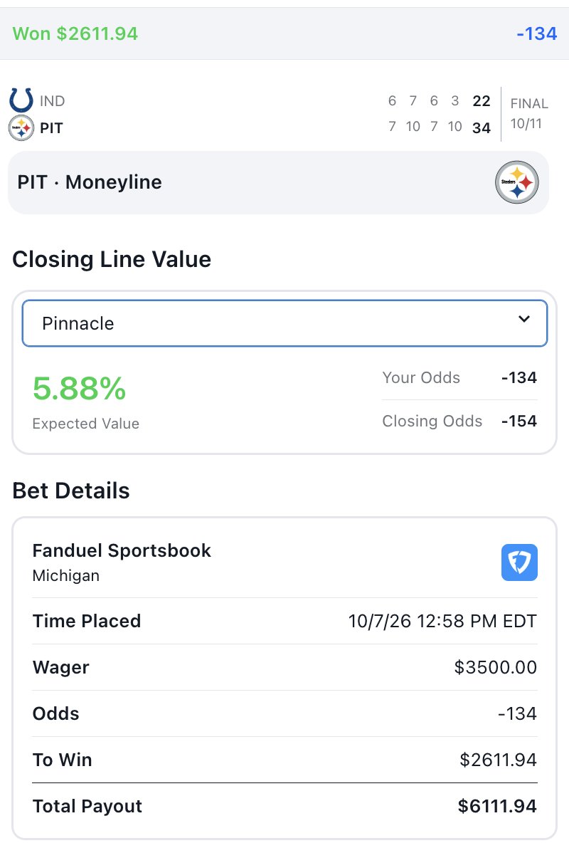 SevBets7's tweet photo. What I got Steeler ML at ➡️ -134
What it closed at ➡️ -154 https://t.co/MpHsY8K8tq