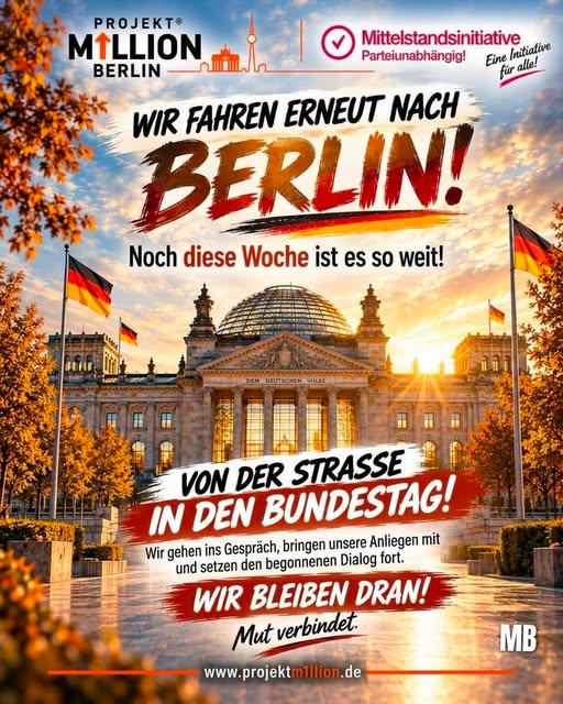 MaikTschibulla's tweet photo. 📷 PROJEKTM1LLION: Wie geht es jetzt weiter?
Stand: 12.10.2026 15:30Uhr
Nach dem grandiosen Wochenende in Berlin fragen sich viele: Was ist der nächste Schritt?
Unsere Antwort ist glasklar:
Wir werden nicht aufhören! Wir machen so lange weiter, bis man sich unsere Forderungen nicht nur anhört, sondern auf Augenhöhe mit uns über deren Umsetzung spricht.
Der Runde Tisch kommt!
Wir lassen die Idee des Runden Tisches wieder aufleben! Nach der kurzfristigen Absage in Leipzig werden wir im November einen neuen Anlauf nehmen und die Parteien erneut an einen Tisch holen. Wir wollen echte Lösungen erarbeiten.
Gespräche im Bundestag
Wie bereits am Samstag angekündigt, lassen wir direkt Taten folgen. Schon diese Woche reise ich erneut nach Berlin, direkt in den Bundestag, um die ersten Gespräche mit Regierungsparteien zu führen. Wir freuen uns auf kooperative Gespräche, um die Umsetzung unseres Runden Tisches voranzutreiben.
Ich bin sehr dankbar, dass mich auf diesem Weg ein Mann begleitet, der mir mittlerweile zu einem sehr guten Freund geworden ist:
Thomas Knott von der Mittelstandsinitiative Brandenburg.
Er wird mit starker Stimme genau das nach Berlin tragen, was unser Land am Laufen hält – das Wort für unseren Mittelstand!
Alle Infos und den Ausgang dieser ersten Gespräche werde ich euch am Freitag in einem ausführlichen Update berichten.
Unsere Vision
Die aktuelle Regierung lebt in ihrer eigenen Blase und sieht die echten Ängste und Sorgen der Bürger schon lange nicht mehr. Doch wir werden uns nicht nur im Kampf dagegen aufreiben.
Wir schaffen unsere eigene Blase! Eine Gemeinschaft, die größer, ehrlicher und direkt aus dem Volk heraus entstanden ist. Wir können unaufhaltsam sein, wenn wir alle zusammenstehen.
Seid gespannt! Wir gehen hier gerade gemeinsam einen Weg, den so noch niemand vor uns gegangen ist.
MUT VERBINDET
MB