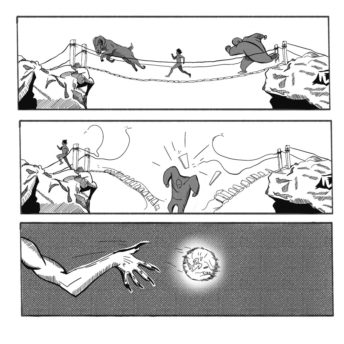 hanmakeit's tweet photo. Inktober comic, day 12: Toss 🌉 Chase scene, collapsing bridge, and someone with very long nails reaching for something glowing... The plot thickens.

#inktober #inktober2026 #inktoberday12 #toss #manga #comicart #ink #webcomic https://t.co/Ol3vEc3k97