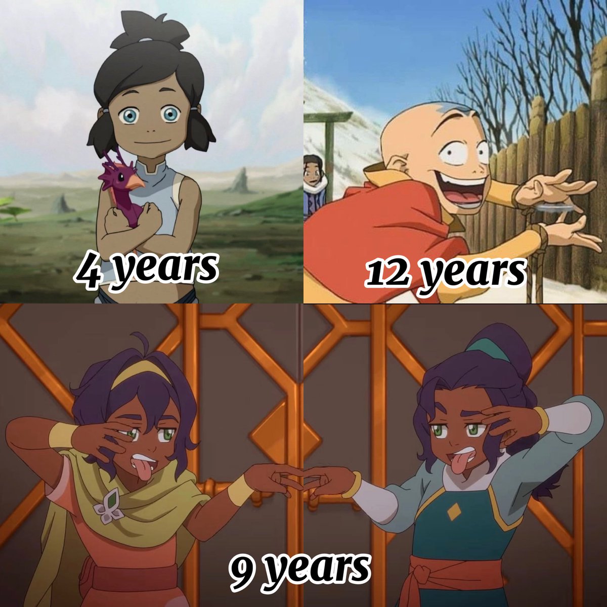 Kiminino72's tweet photo. Korra was bending three elements at 4. Pavi and Nisha were already prodigies as kids. Aang was 12 and could only airbend. He should be ashamed of himself that everyone still calls him the greatest avatar🤧😂 https://t.co/k3BA0dQIJ9