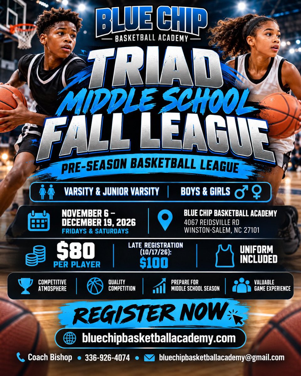 TriadBlueChip's tweet photo. 🚨 REGISTRATION IS NOW OPEN! 🚨

The Triad Middle School Fall League is back! 

Get ready to compete against the best in the Triad and prepare for your middle school season.

🏀 Boys &amp; Girls Divisions

📍 Blue Chip Basketball Academy

🗓️ November 6 – December 19! https://t.co/ZF73aZdoNG