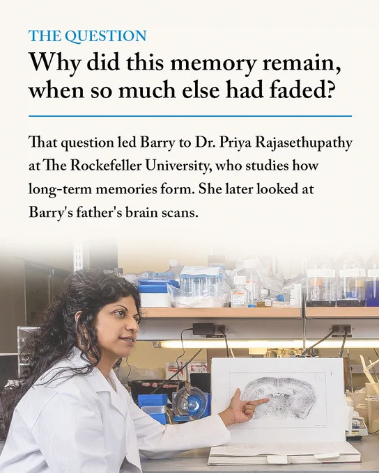 A person in a laboratory coat is seated at a table, pointing to a brain scan image. The background displays various scientific equipment and materials. The text on the image discusses a question about memory that led Barry to Dr. Priya Rajasethupathy at The Rockefeller University, who researches long-term memory formation.