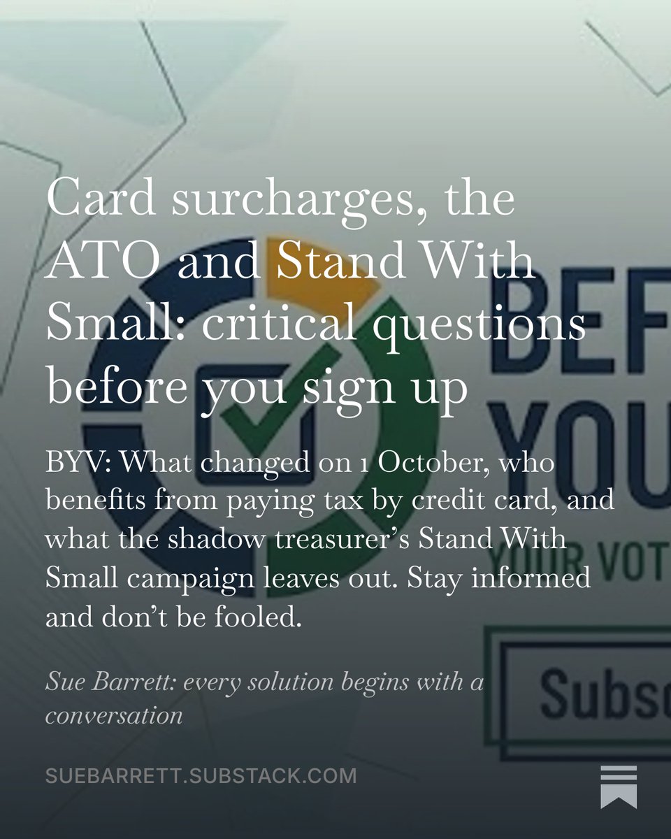 SueBarrett's tweet photo. Who benefits when tax is paid by credit card? Mostly wealthy groups and big business, who make over 60% of those payments by value. The rest of us cover the ATO’s ~$200m card fee bill.

Shadow treasurer Tim Wilson’s Stand With Small emails leave that out, along with the $910m card fee cut that came with the surcharge ban.
Instead the shadow treasurer turns small business frustration into a sign-up: your name, your story, your donation, your contacts. In practice, it works as data harvesting built on grievance. We've seen this before in 2019 - remember Franking Credits. 

Read the full picture before you add your name.  👇

https://t.co/6MBVVAcJSQ 

#auspol
@deniseshrivell 
@aaronsmith