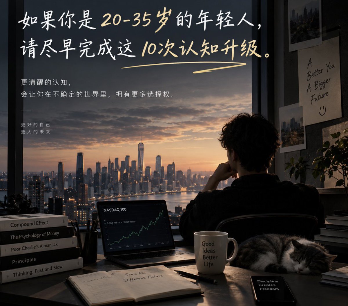 Alonzo19_'s tweet photo. 【如果你是20-35岁的年轻，务必尽早完成这10次认知升级】💵

地球online这款游戏，有些东西，学校不会教你，父母未必懂，甚至很多人到了40岁都没想明白。

1. 【理解复利思维，而不只是复利公式】

复利最可怕的地方不是增长，而是时间会放大微小的差异。

真正值得积累的东西，都有一个共同点：今天的投入，能够提高明天的起点。

所以判断一件事值不值得做，不要只看它今天能给你带来什么，而要看五年后，它能不能继续产生价值。

2. 【尽早理解纳指本质和长期定投】

普通人很难持续判断哪家公司会成为下一个巨头，但可以研究如何通过指数基金，分散参与一批大型非金融上市公司的长期发展。

纳指并不等于整个经济，它高度集中于大型成长型企业，也可能经历漫长的下跌。

定投的意义不是保证赚钱，而是用规则减少择时冲动。

你要建立的不是暴富幻想，而是【长期持有】资产的能力。

3. 【理解资本回报与劳动收入的区别】

工资的本质，是出售自己的时间和能力。

而股权、知识产权、软件、品牌等资产，有机会在你停止工作后继续创造收益。

年轻时最重要的转变之一，就是从单纯追求更高的时薪，转向思考如何拥有能够持续产生现金流的资产。

4. 【理解机会成本，而不只是金钱成本】

人生中最昂贵的东西，往往不是你花出去的钱，而是你选择一件事时，放弃的其他可能性。

一份看似稳定、却没有成长空间的工作，可能比短期失业更昂贵。

一个决定的真正成本，是你本可以拥有的另一种人生。

5. 【理解杠杆，但不要把杠杆等同于借钱】

现代社会最值得普通人研究的，是代码杠杆、媒体杠杆和资本杠杆。

一个人写的软件可以服务十万人，一篇文章可以被百万次阅读，一份优质数字产品可以反复销售。

真正的突破，是让你的产出不再与投入时间严格成正比。

6. 【理解激励机制，你才能看懂这个世界】

不要只听一个人说什么，要看他因为什么获得奖励。

平台追求停留时长，商家追求利润，企业追求增长，投资机构追求回报。

很多看似不合理的现象，放到利益和激励结构里，就突然变得合理了。

学会分析激励，比单纯判断一个人是好是坏更有用。

7. 【理解概率思维，放弃对确定性的执念】

真正成熟的决策，不是保证每次都正确，而是在信息不完整的情况下，持续做出期望收益合理、风险可承受的选择。

一次成功不代表决策正确，一次失败也不代表判断错误。

不要用结果倒推过程。

人生不是一道只有标准答案的数学题，而是一场不断更新概率的长期博弈。

8. 【理解反脆弱，让自己从波动中受益】

脆弱的人害怕变化，坚韧的人能够承受变化，而反脆弱的系统有机会从波动中获得收益。

对普通人来说，最现实的方式，是保留稳定的生存基础，同时用可承受的小成本尝试高上限的机会。

让失败有边界，让成功有空间。

不要把全部人生押在一次选择上。

9. 【理解信息差正在消失，判断力却越来越稀缺】

过去，知道别人不知道的信息，就可能获得优势。

但在AI时代，信息的获取成本正在迅速下降。

真正稀缺的能力，正在从“知道什么”，转向“判断什么值得相信、什么值得行动”。

未来人与人的差距，可能不在于谁知道得更多，而在于谁能从海量信息中识别真正重要的变量。

10. 【理解人生最重要的资产，是选择权】

存款的意义，不只是账户里的数字。

技能的意义，也不只是让你获得更高的工资。

它们最终都在为你购买同一样东西：选择权。

你可以拒绝不合理的工作，可以离开错误的关系，可以等待更好的机会，也可以承担一次有价值的风险。

财富的终极意义之一，不是消费更多，而是不必为了生存出卖所有的自由。

⸻———————————

我越来越觉得，20-35岁真正应该完成的，不是买房、买车、结婚这些社会默认的任务。

而是尽早建立一套属于自己的底层认知系统。

用复利积累资产，用概率理解风险，用杠杆放大能力，用长期主义对抗短期诱惑。

因为真正拉开人与人差距的，往往不是某一年赚了多少钱。

而是十年之后，有些人仍然只能出售时间，有些人却已经拥有了资产、系统和选择权。

【你可以暂时没有钱，但不能一直没有资产思维】