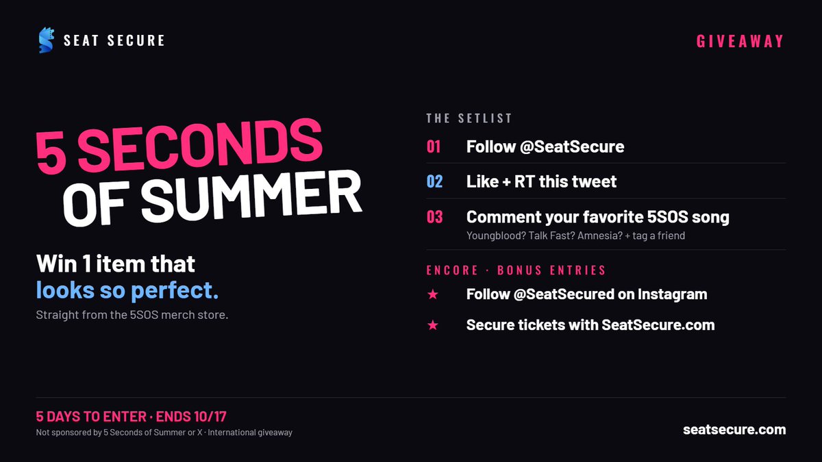SeatSecure's tweet photo. 5 Seconds of Summer merch giveaway!🎉 

Steps to enter: 
Follow @seatsecure  
Like and RT this tweet
Comment your favorite 5SOS song and tag a friend!

Bonus steps!
Follow @ SeatSecured on IG
Check out https://t.co/9CbU8XrJyp

ENDS IN 5 DAYS!
GOOD LUCK! https://t.co/g9YOnMGSA0