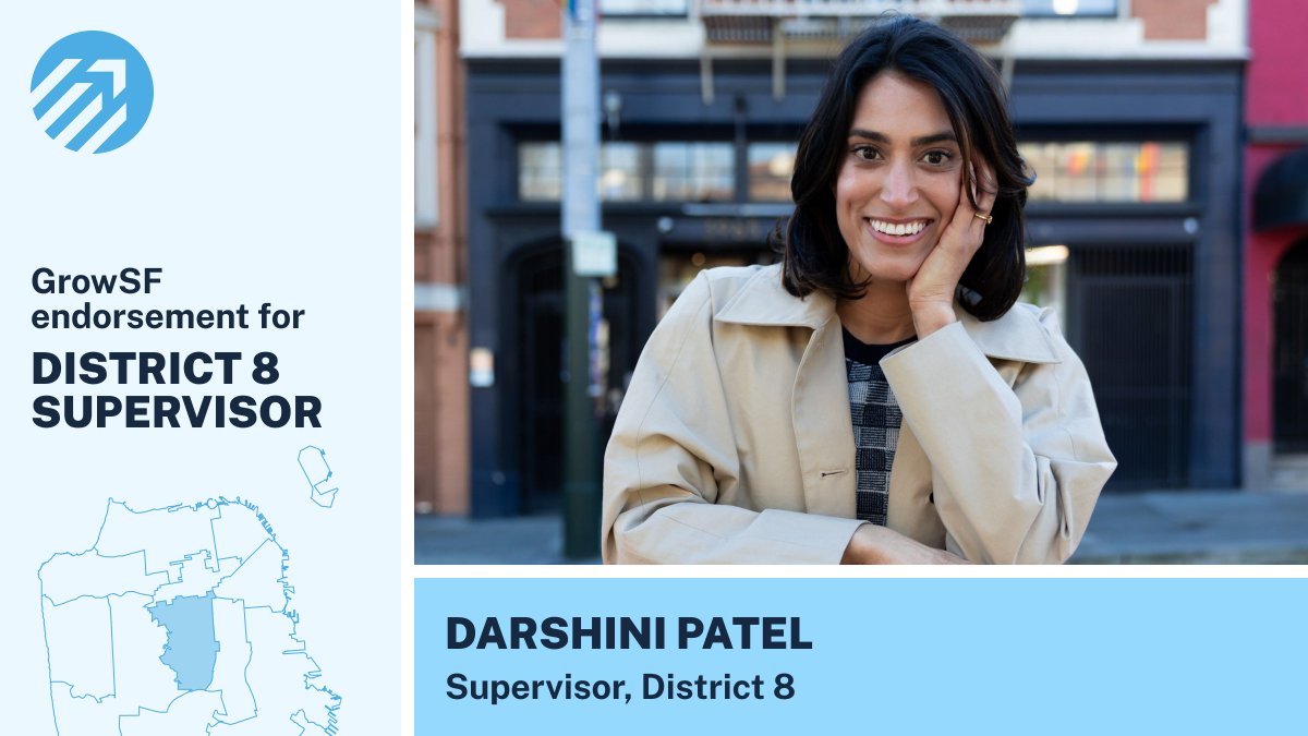GrowSF's tweet photo. We endorse Darshini Patel for District 8 Supervisor. She’s outcome-driven, reads the research, and thoughtfully engages on complex issues. She’s strongly pro-housing and will fight for more shelter and drug treatment facilities that the city needs.
https://t.co/VLHEq3stkP https://t.co/J4K3RttvXA