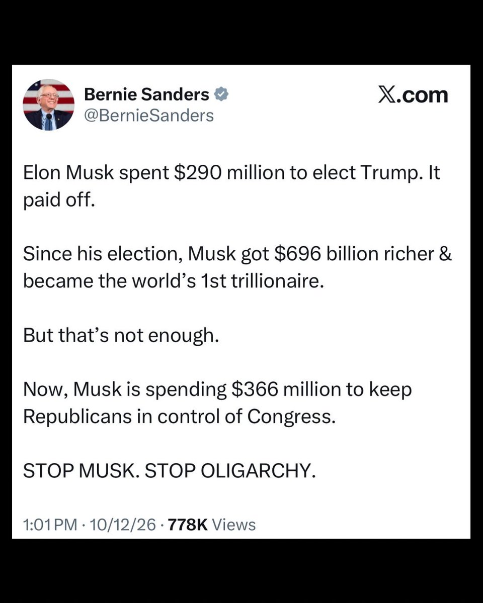 C_3C_3's tweet photo. Elon created $1 trillion of value with his companies and spends his own money.

Bernie helped create $37 trillion of debt with his time in Congress and spends our money.

Elon’s wealth is not the problem.

Bernie’s grift is the problem. https://t.co/EMM13Mkxl0