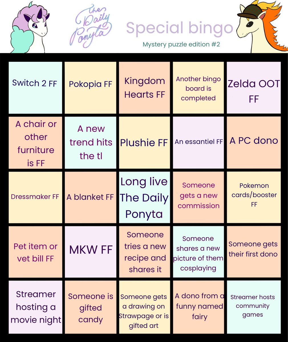 purplyjojo's tweet photo. ✨New Bingo✨

I am excited to share the second edition of The Daily Ponyta Special Bingo, Mystery Puzzle! 💜

There are no names, so anyone can participate and help! If you see something being completed, tag me so I can reveal the part of the drawing hidden under the square. Our first bingo was cleared in a week. I can’t wait to see what will happen with this one! I hope you can have fun with it 🥰