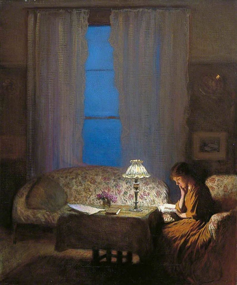 olgatuleninova's tweet photo. Just One More Chapter

George Clausen (British, 1852–1944)
Reading by Lamplight (Twilight: Interior), 1909
Leeds Art Gallery, Leeds, England

Clausen’s home at Carlton Hill in London renewed his interest in painting interiors. https://t.co/7hx2zAbdyy