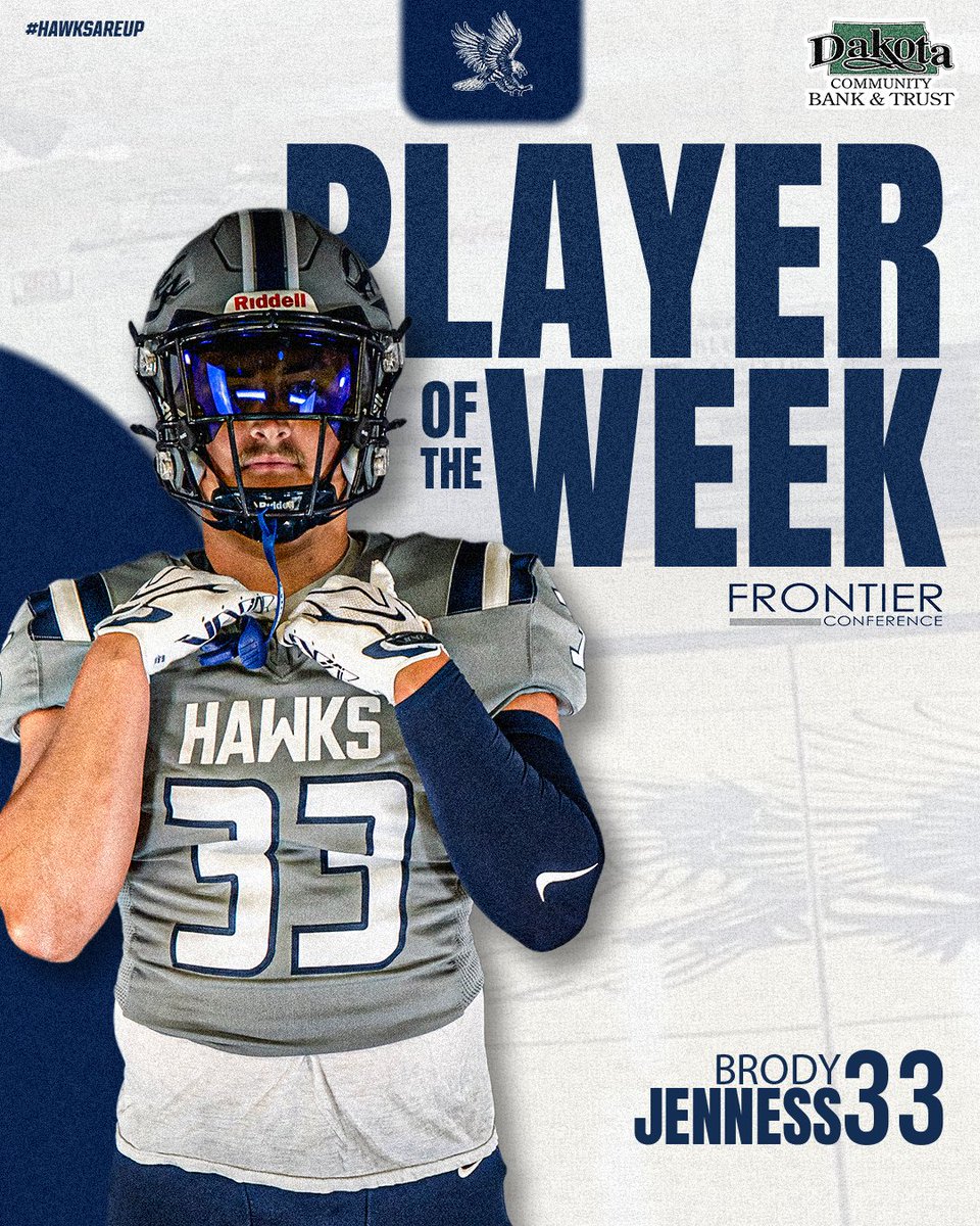 dsubluehawks's tweet photo. 🏈| Brody Jenness has been named the Erck Hotels/Frontier Conference Defensive Player of the Week!

Jenness led the Blue Hawks with eight tackles and forced a crucial fumble that led to a touchdown in @BlueHawkFB's 20-19 road win over No. 23 Dakota State.

It is the first Frontier Conference weekly honor of his career.

#HawksAreUp