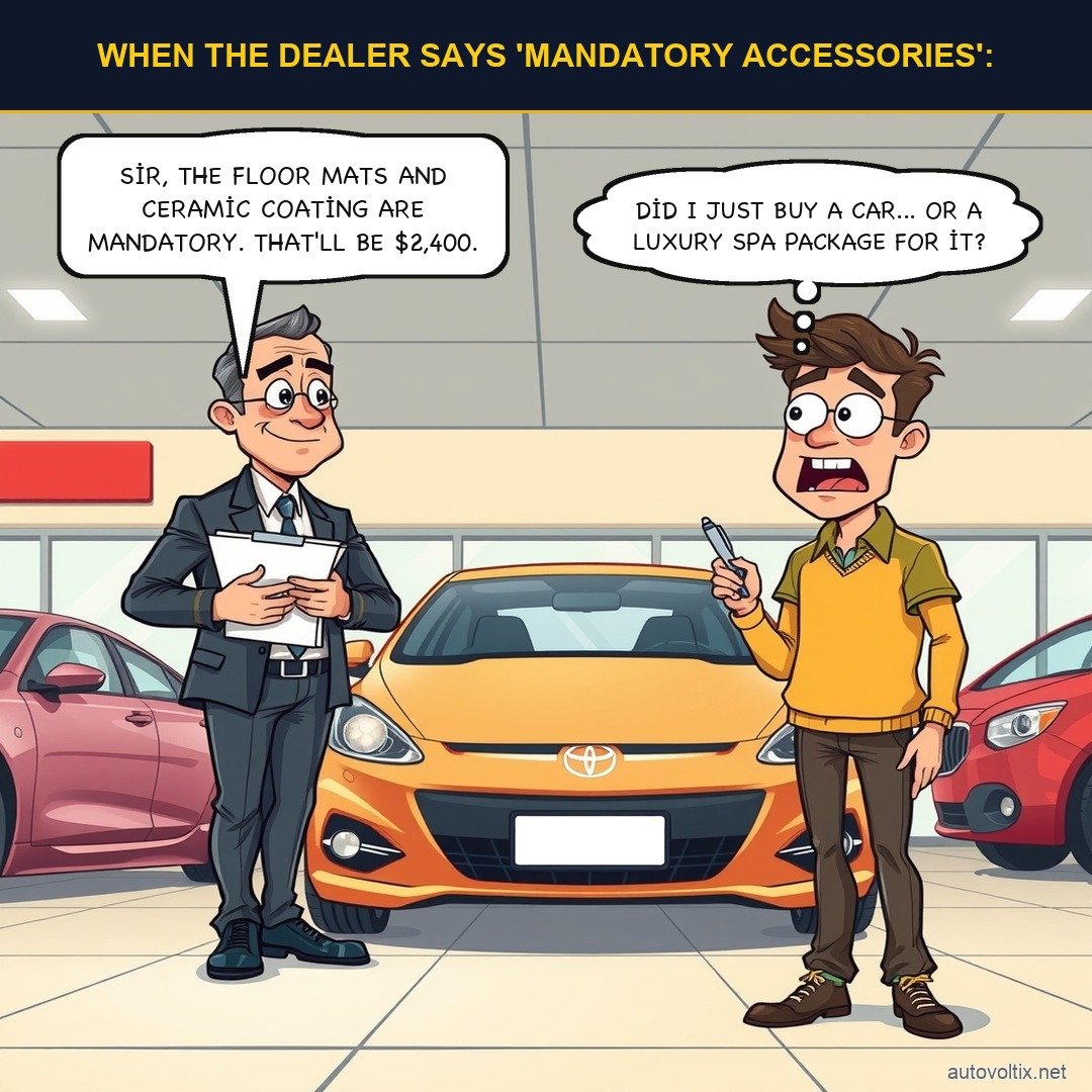 AutoVoltix's tweet photo. 🔥 WHEN THE DEALER SAYS 'MANDATORY ACCESSORIES':
💬 Sir, the floor mats and ceramic coating are mandatory. That'll be $2,400.
💭 Did I just buy a car... or a luxury spa package for it?

#CarDealer #MandatoryAccessories #CeramicCoating #FloorMats #CarBuying

👉 https://t.co/sXlGYTrw59